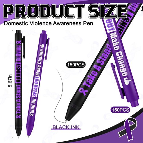 Cholemy 300 Pcs Domestic Violence Awareness Item Bulk Purple Ribbon Ballpoint Pens Bulk Black Ink Retractable for Stop Domestic Violence Event Party Favors Activity Supplies