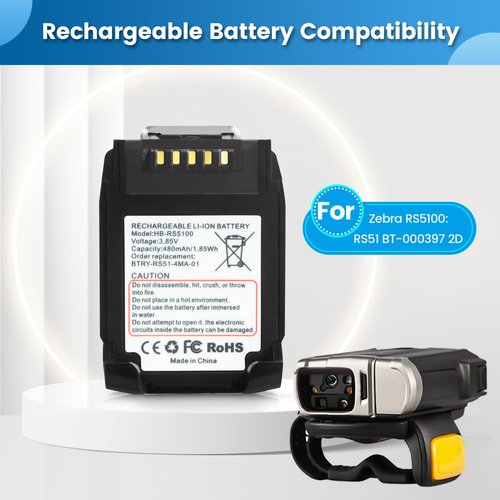 For Zebra RS5100 Scanner Battery Replacement: RS5100 RS51 BT-000397 BT-000398 2D Bluetooth Ring Scanner Battery for BTRY-RS51-7MA-01 BTRY-RS51-4MA-01 RSBT5 RS51B0 RS61 RS6100 Lithium Batteries 480mAh
