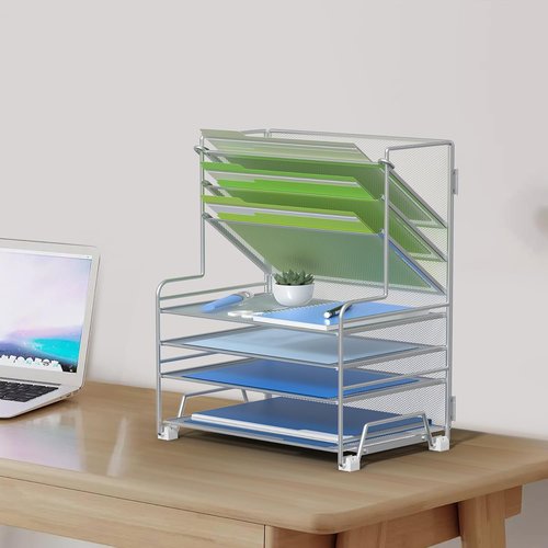 MINDEPOT 4-Tier Paper Organizer - Desktop File Holder with Drawer & Pen Holders | Silver Finish for Office & Classroom