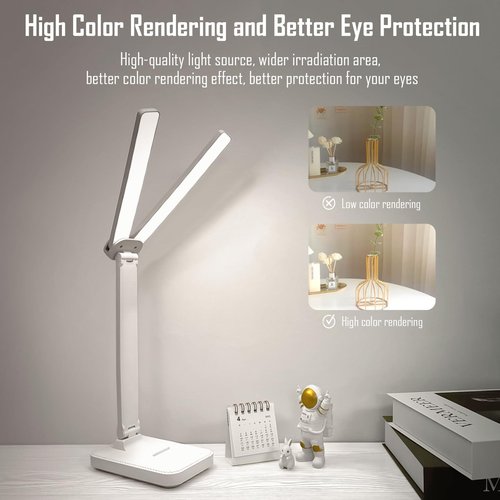 kvppvt LED Double Head Desk Lamp, Rechargeable Portable Table Lamp, Adjustable Light Color and Brightness, USB Powered, LED Light for Work, Reading, Emergency (White)