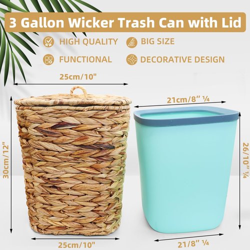 Oranwell 3 Gallons Wicker Waste Basket Can with Lid & Liner, Handwoven Wastebasket Wastepaper Basket with 60Pcs Bag, Wicker Trash Garbage Rubbish Can Bin Basket for Bedroom Bathroom Kitchen Office