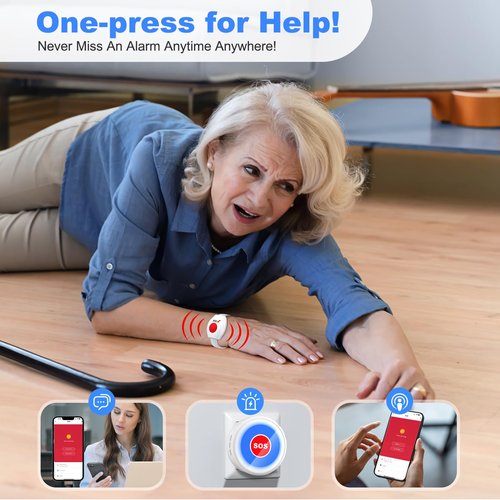 Caregiver Pager Life Alert Systems for Seniors No Monthly Fee Wi-Fi APP Control Elderly Alarm Call Button Panic Alarm for 1 Call Button 1 Watch Button 1 Receiver(Only Supports 2.4GHz Wi-Fi)