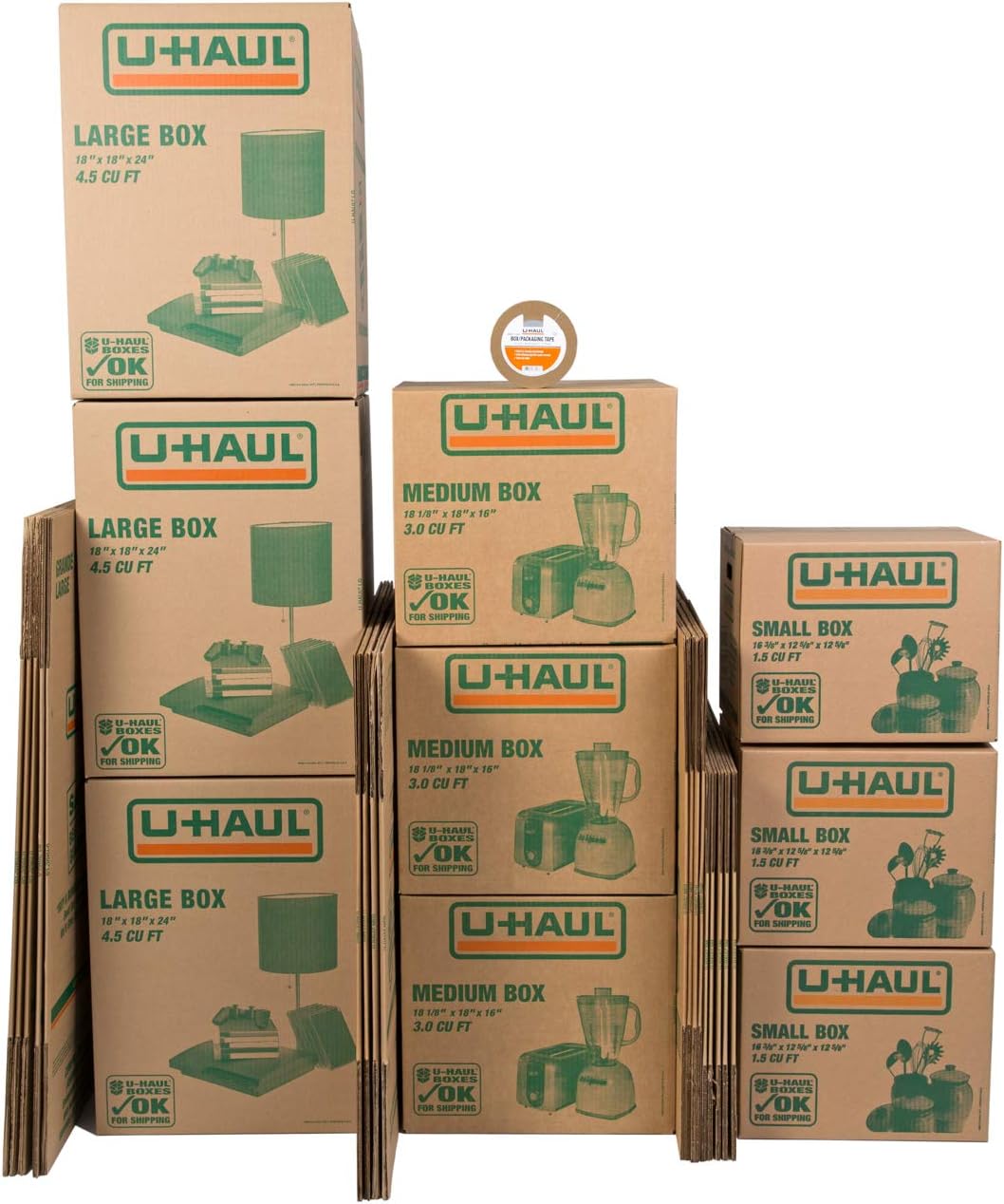 U-Haul Moving Box Variety Pack - 10 Small, 10 Medium, 5 Large Boxes with Bonus Tape for Easy Packing & Shipping