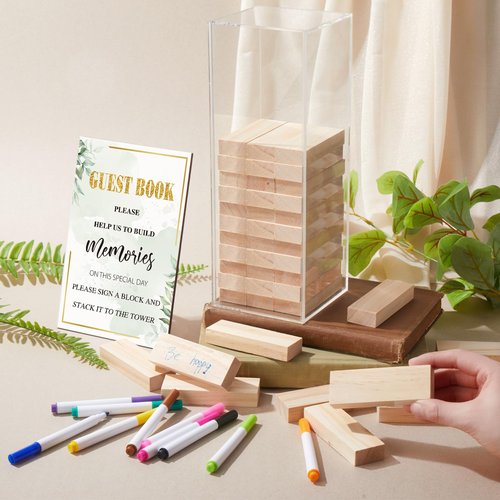 Beeveer 80 Pcs Wedding Guest Book Alternative Wooden Block Guest Book for Wedding Sign in Bridal Shower Decoration Wooden Block Bridal Shower Game for Sign in, Reception(Greenery)