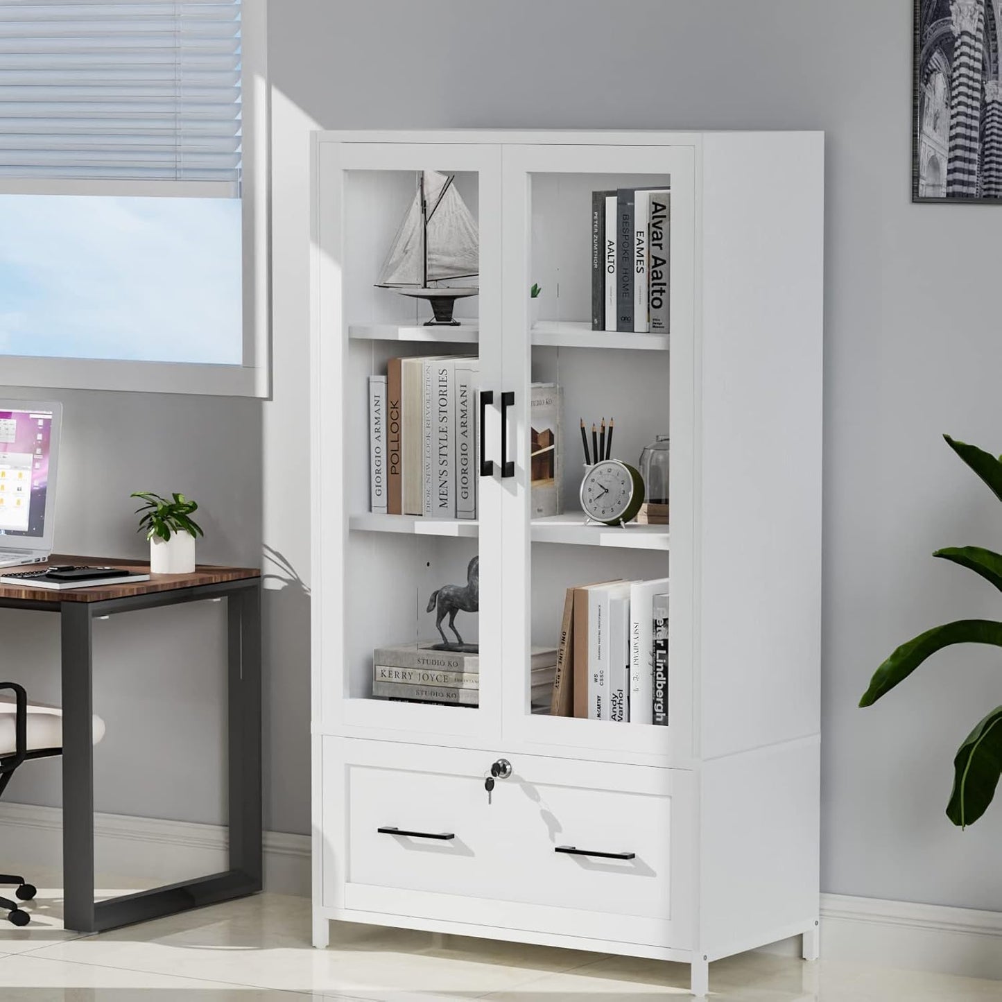 VINGLI Lateral File Cabinet - Glass Doors & Locking Drawer for Hanging Files | White, 30"W x 16"D x 55"H