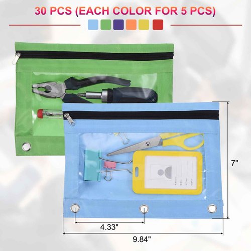 PATIKIL 30 Pack Pencil Pouch for 3 Rings Binder, Oxford Cloth Clear Window Zipper Binder Pouch Pencil Case Bag Bulk for Office Home, 6 Colors