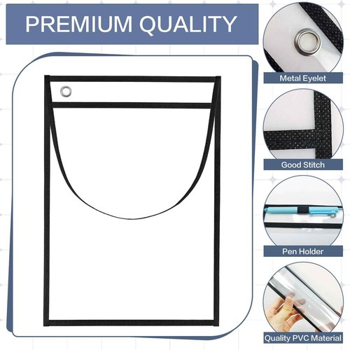 YUQILIN 50 Pack Job Ticket Holders, Black 14 x 10 Inch Reusable Dry Erase Pocket with Strap Work Order Plastic Sleeves Shop Ticket Dry Erase Sheet Protectors for Teacher Classroom Office