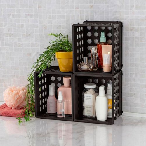 Sterilite Mini Crate, Stackable Plastic Storage Bin with Handles, Organize Home, Garage, Office, School, Dorm Room, Black, 12-Pack