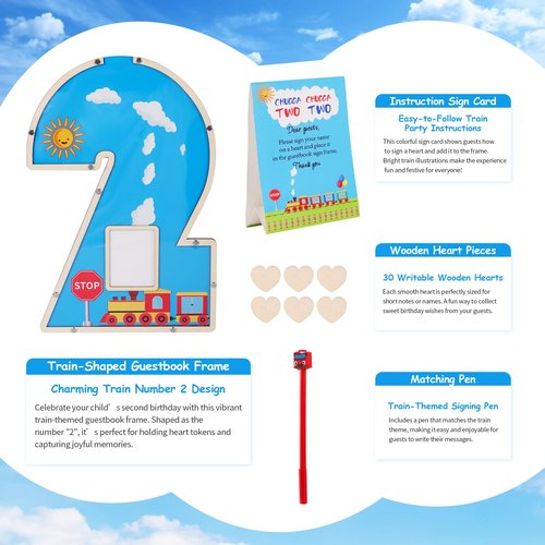 Threelf Chugga Chugga Two Two Party Decorations,2nd Birthday Decorations for Boys Train Party Supplies,Guest Book Alternatives with Train Pen Set for 2 Year Old Birthday Decoration