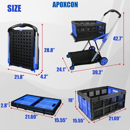 APOXCON Collapsible Shopping Cart with 2 Storage Crates 2-Tier Portable Utility Cart with Swivel Wheels 200lb Capacity Heavy Duty Folding Shopping Trolley for Office Warehouse Catering (Blue)