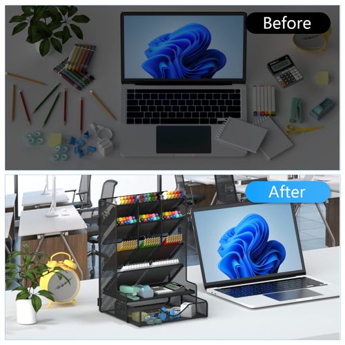 Pen Organizer for Desk, Multi-Functional Desk Organizer, Wall Mount Pen Holder with Drawer for School, Office, Home, Art Supplies, Black