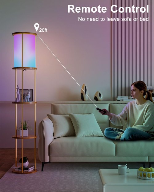 Lightdot 61" RGB Floor Lamp with Shelves - 3-Tier Storage Smart Remote Control Standing Lamp with Fabric Lampshade, E26 Bulb Included, Dimmable Floor Lamps for Living Room, Bedroom & Home Decor (Gold)