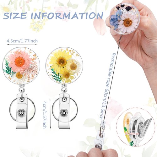 3 Pcs Flower Badge Reel Convenient Nurse Badge Reels Retractable with Key Ring Badge Holder Dried Floral Resin ID Badge Clip for Teacher Nurse Doctor Worker (Round)