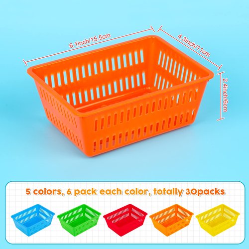 IKAYAS 30 Pack Colorful Small Plastic Classroom Storage Baskets, 6.1"L x 4.7"W x 2.4"H, Desk Organizer, Home, Office