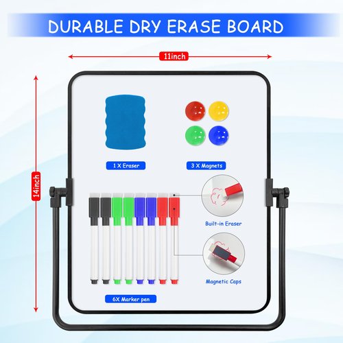 OUOFS Dry Erase Whiteboard Portable 14"x11" Magnetic Double-Sided, Desktop/Stand-Up White Board for to-Do Lists, Scheduling, & Kids' Learning - Includes Sturdy 360-Degree Rotating Stand