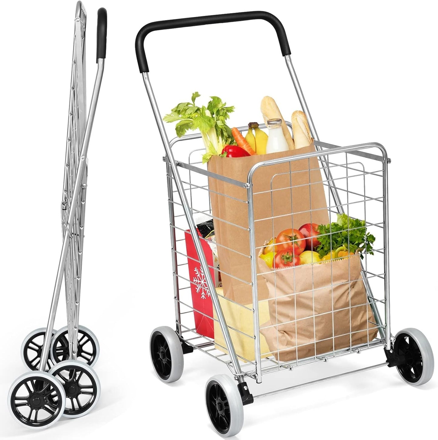 AFSTAR Folding Shopping Cart - Portable Utility Cart with All-Terrain Wheels | 22 Gallon Capacity, Heavy-Duty Steel Frame, Ideal for Grocery & Camping (Silver)