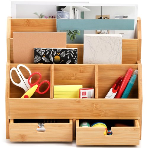 Youeon Bamboo Desk Mail Organizer with Drawers, Large Office Desk Organizer, Countertop Magazine File Holder, Desk Organizer and Sorter for File Letter Paper Office Supplies