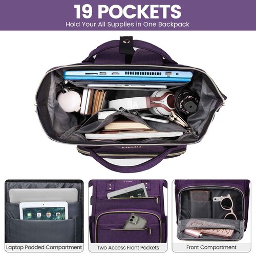 LOVEVOOK Laptop Backpack for Women,18 Inch Professional Womens Travel Backpack Purse Computer Laptop Bag Nurse Teacher Backpack,Waterproof Work Bags Carry on Back Pack with USB Port,Dark Purple