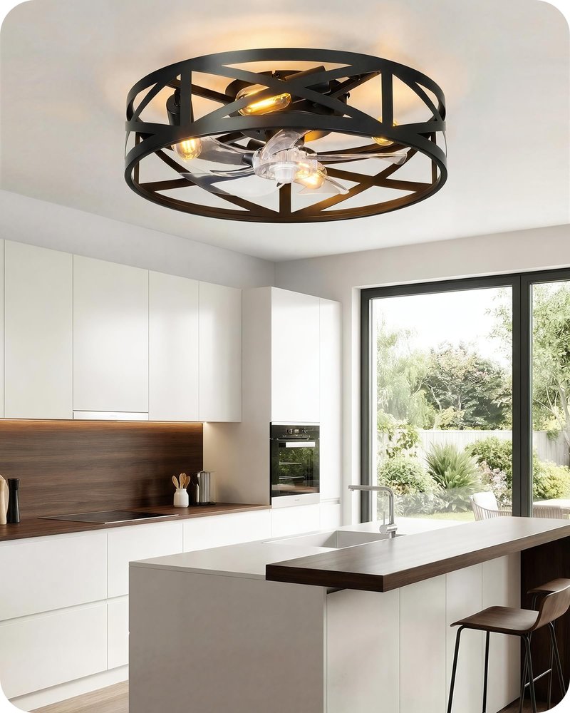 20" Farmhouse Flush Mount Ceiling Fan with Lights and Remote, Low Profile Caged Ceiling Fan Fandelier, 6 Speeds, Timer, Reversible DC Motor, Bladeless Ceiling Fan for Bedroom, Kitchen, Black B02CF05