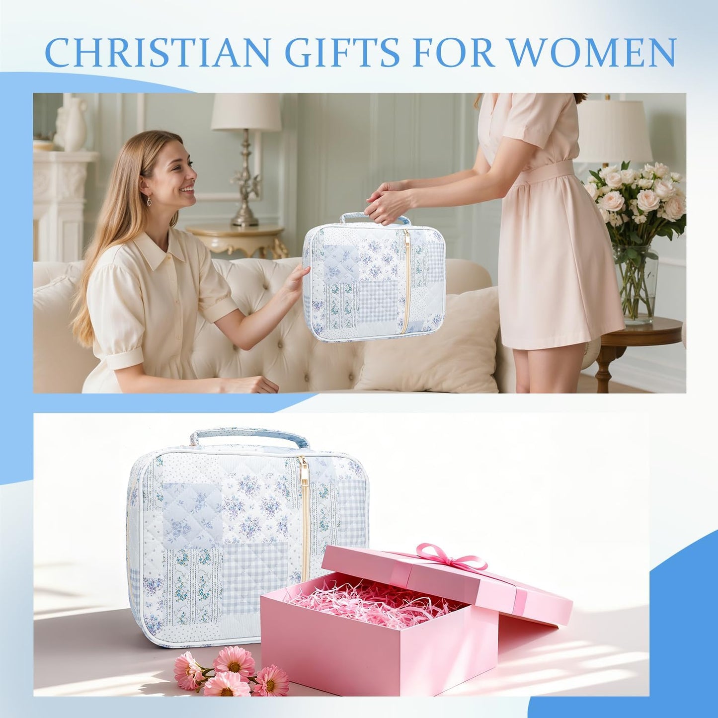 Skiennix Bible Cover Case for Women - Large Quilted Carrying Bag with Handles | Cotton Blue Patchwork, M