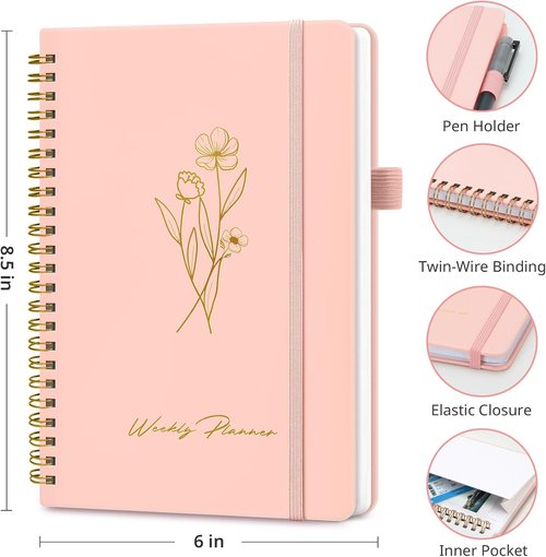 Rosy Undated Weekly Planner - A5 Goal & Habit Tracker Notebook with Spiral Binding, 6.1" x 8.2"