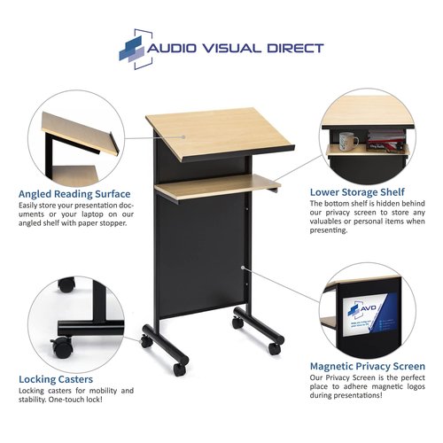 Audio-Visual Direct Wheeled Lectern - Standing Desk with Storage Shelf - Beech/Black - Ideal for Presentations and Laptop Use