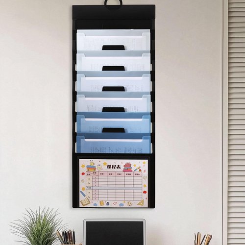 KiBcsLic Wall Mounted File Organizer Document Holder, 6 Pocket,Waterproof Accordion File Organizer Expandable File Folder for Meeting, Blue
