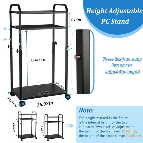 Bfttlity Height Adjustable Computer Tower Stand, PC Stand 3-Tier Mobile CPU Holder Cart Under Desk with Locking Caster Wheels for Office Home Gaming Accessories