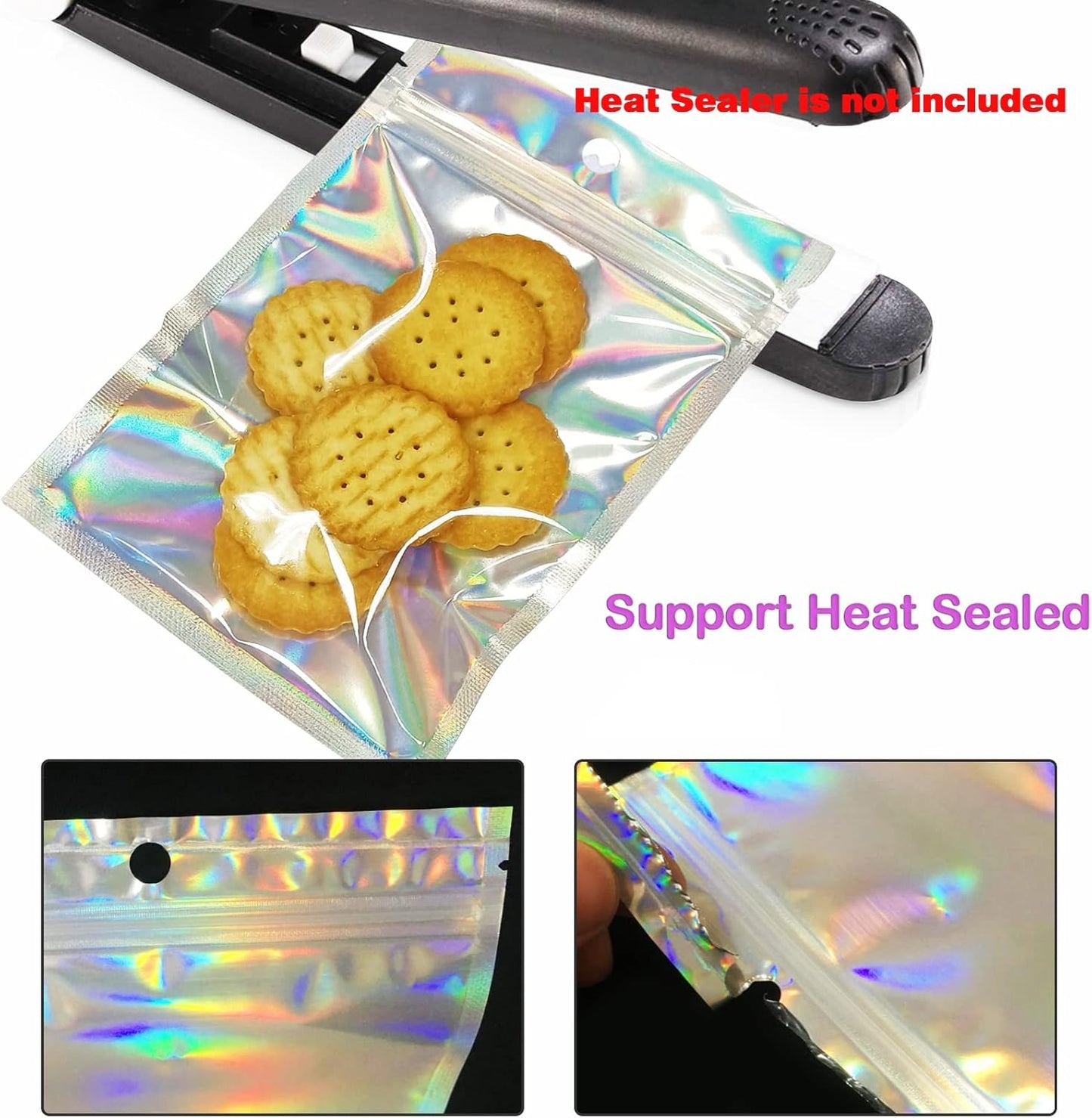 Skiennix Holographic Resealable Packaging Bags - 100 Pcs Cute Smell Proof Foil Pouches | 4x6 Inch for Small Business Supplies