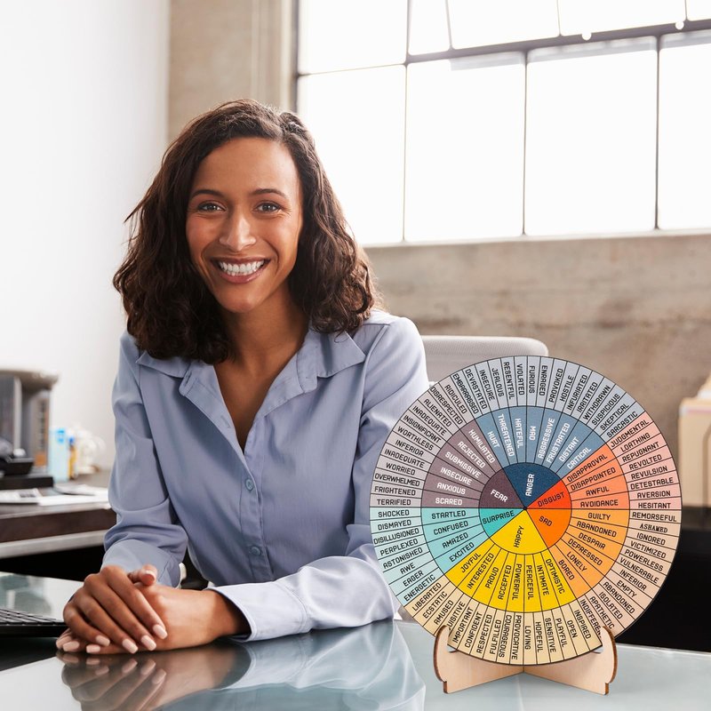 Feelings Wheel Therapy Office Desk Decor - 10.6" Large Double Sided Mental Health Emotions Chart with Stand, Therapist Gifts for Home Office Women Man