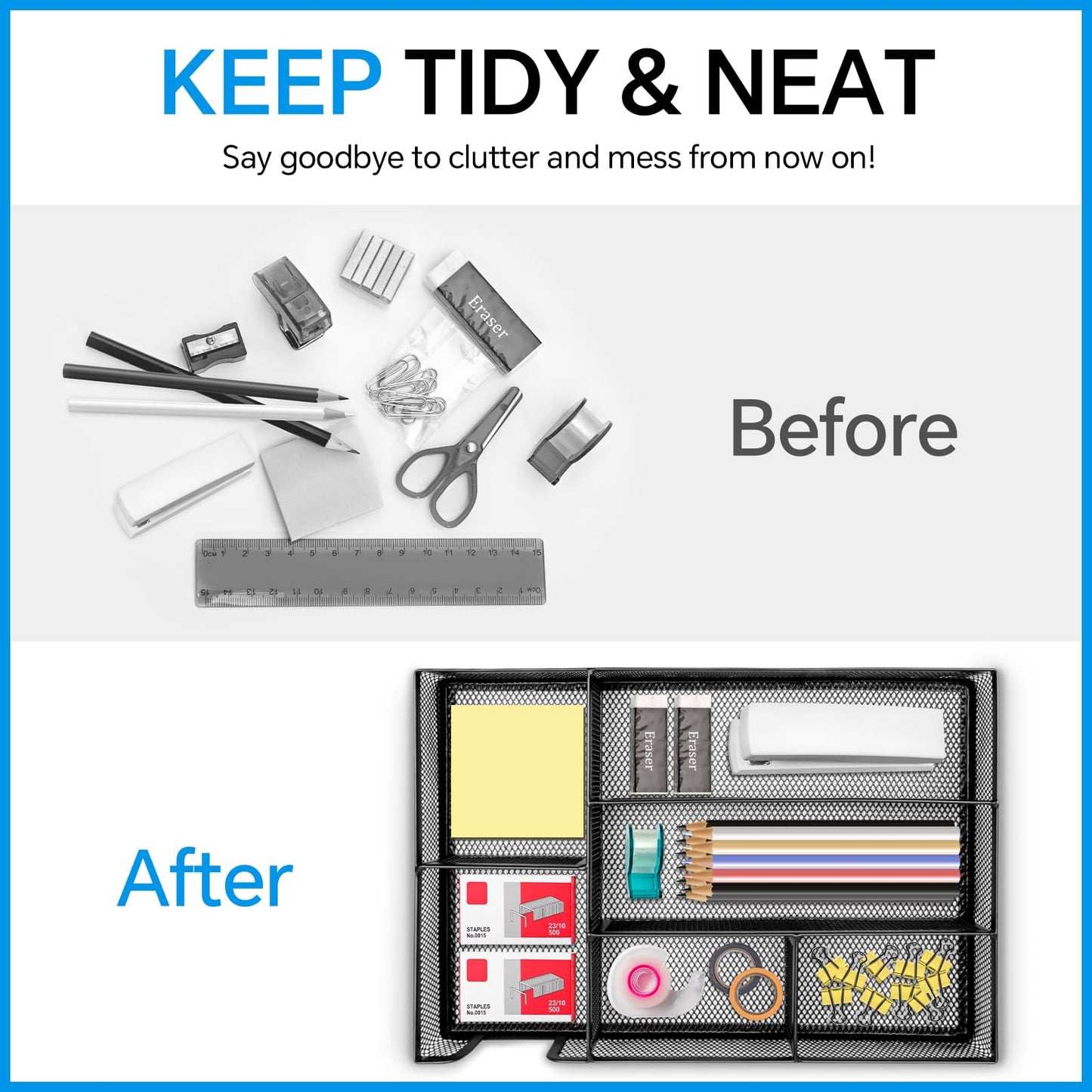 Desk Drawer Organizer, Office Drawer Divider Organizer Tray with 6 Compartments, Metal Mesh Desktop Organization and Accessories for Stationery Makeup Kitchen Toolroom School &Office, 12.6x8.27x1.6 in