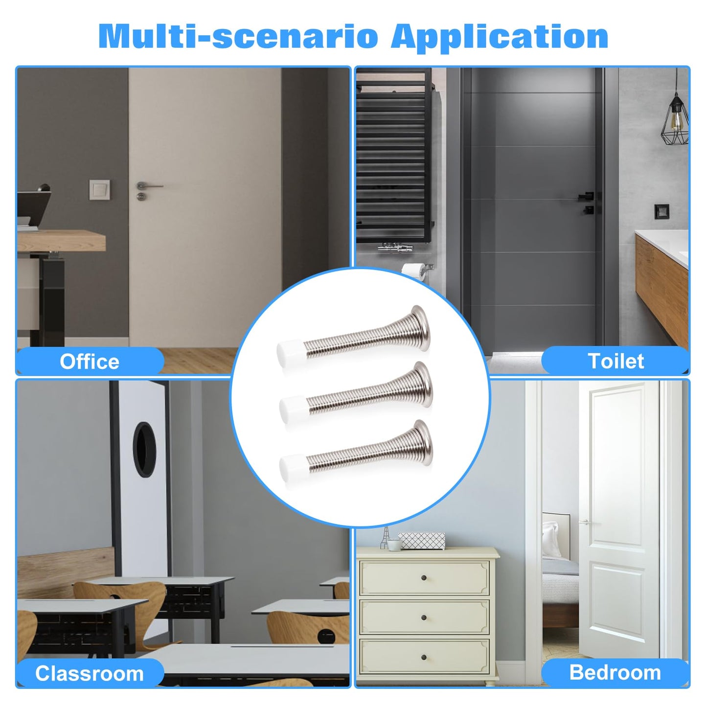 6 Pack Spring Door Stopper 3.2 Inch Flexible Heavy Duty Spring Door Stop with RustProof Screw Rubber Bumper Tips, Wall Protector for Home, Office, Kids Room – Easy Install, Satin Nickel Finish