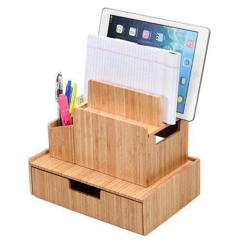 MobileVision Bamboo Office Organizer Complete Set INCLUDES: Charging Station, Pencil & Pen Holder w/Tray for Notepads, Drawer for Office Supplies & Stationary