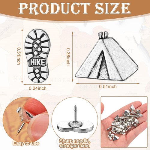 Simgoing 50 Pcs Hiking Boot Map Pins and Tent Push Pins for Travel Map Silver Decorative Camping Themed Thumb Tacks Hiker Camper Novelty Gifts for Cork Board Photo Wall Decorations