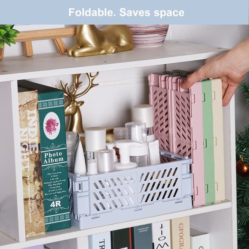 4-Pack Plastic Baskets for Shelf Storage Organizing, Durable and Reliable Folding Storage Crate, Ideal for Home Kitchen Classroom and Office Organization, Bathroom Storage (9.8 x 6.5 x 3.8 inches)