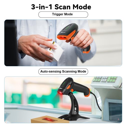 Alacrity 2D 1D Wireless Barcode Scanner with Stand, 3-in-1 Connectivity Bluetooth 2.4G Wireless USB Wired, Barcode Reader with Hands-Free Mode and Vibration Alert, Black