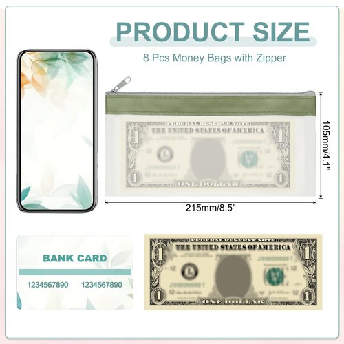 PATIKIL 8.5x4 Inch Money Bags with Zipper, 8Pcs Clear PVC Cash Deposit Bank Pouch Envelopes Check Wallet for Coin Cosmetics Invioce Bill, Green