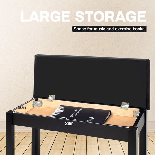 DEARJAG Piano Chair with Storage Piano Stool and Upholstery Wooden Keyboard Piano Duet Seat, Waterproof and Non-Slip, Black