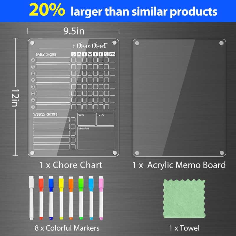 PigPotParty Clear Acrylic Magnetic Chore Chart and Blank Memo Whiteboard for Fridge, 2 Pack 9.5"x12" Dry Erase Board to Do List Meal Planner for Adult Teens Kids Family, Include 8 Markers & 1 Towel