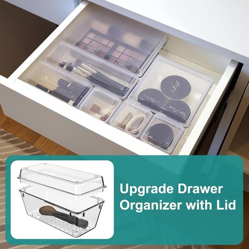 Flybok 28 Pcs Drawer Organizer for Makeup/Office Supplies/Vanity/Desk Drawer Organizers, Acrylic Organizers, Shallow Drawer Organizers with Lid Design