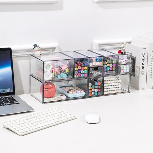 WUHUME Stackable Storage, Clear Plastic Drawer Storage With 10 Drawers, 4 Different Sizes, Suitable For Desktop, Candy boxesunnels, Cosmetics, Stationery, Jewelry and Organization
