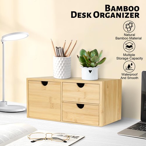 SeekElegant Bamboo Desk Organizer, Desktop Organizer with 3 Drawer, Tabletop Storage Organization Box for Bills, Countertop, Home Office Supplies