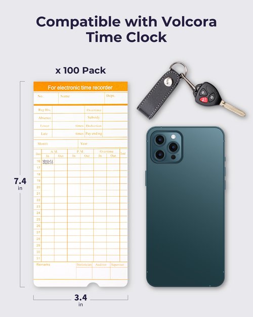 Volcora 100 Pack Time Cards for Employees 2 Sided 7.4 x 3.4" Sprint for Volcora Time Clock, Timecards Monthly for Time Recorder, Overtime and Total Hours Included