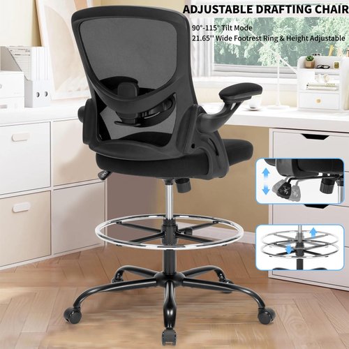 Chairoyal Drafting Chair, Ergonomic Standing Desk Chair with Flip-up Armrests, Tall Office Chair for Standing Desk, Counter Height Office Chairs with Footrest and Adjustable Lumbar Support, Black