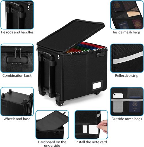 futaiphy Portable fireproof rolling file box with Telescopic handle,file cart with wheels,File Storage Box with lock, file cabinet Collapsible Milk Crate Utility Carts (Black)