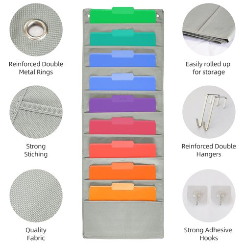 Hanging Wall File Organizer, Hanging File Folder Holder, Storage Center Pocket Chart for Paper Document, Pocket Chart for Office and Classroom, with door hanger and Adhesive hooks, 9 Pockets