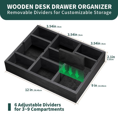 TEESSFROOD Desk Drawer Organizer Tray with 9 Adjustable Compartments, Wooden Office Desk Accessories Supplies Organization Storage for Desktop Bathroom Vanity Makeup Black