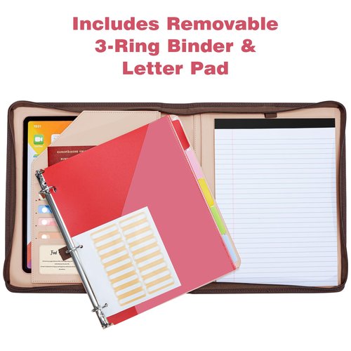 Trapper Keeper Binder Leather Business Portfolio Organizer with Zipper, Detachable 3 Ring Binder with Storage Clipboard, Fits Letter Size Paper, with Refillable Notepad, 5 Extra Folder Fivider Pages