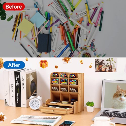 Marbrasse Wooden Desk Organizer Multi-Functional DIY Pen Holder + Desk Organizer with File Holder