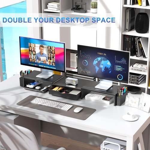 gianotter Dual Monitor Stand Riser, Desk Organizer With Drawer and 2 Pen Holders, Computer Monitor Stand, Desk Shelf for Top of Desk, Balck
